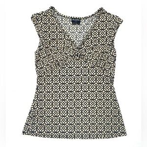 BCBG Paris Women's Cream & Black Circle Pattern Blouse Top V-Neck Size M